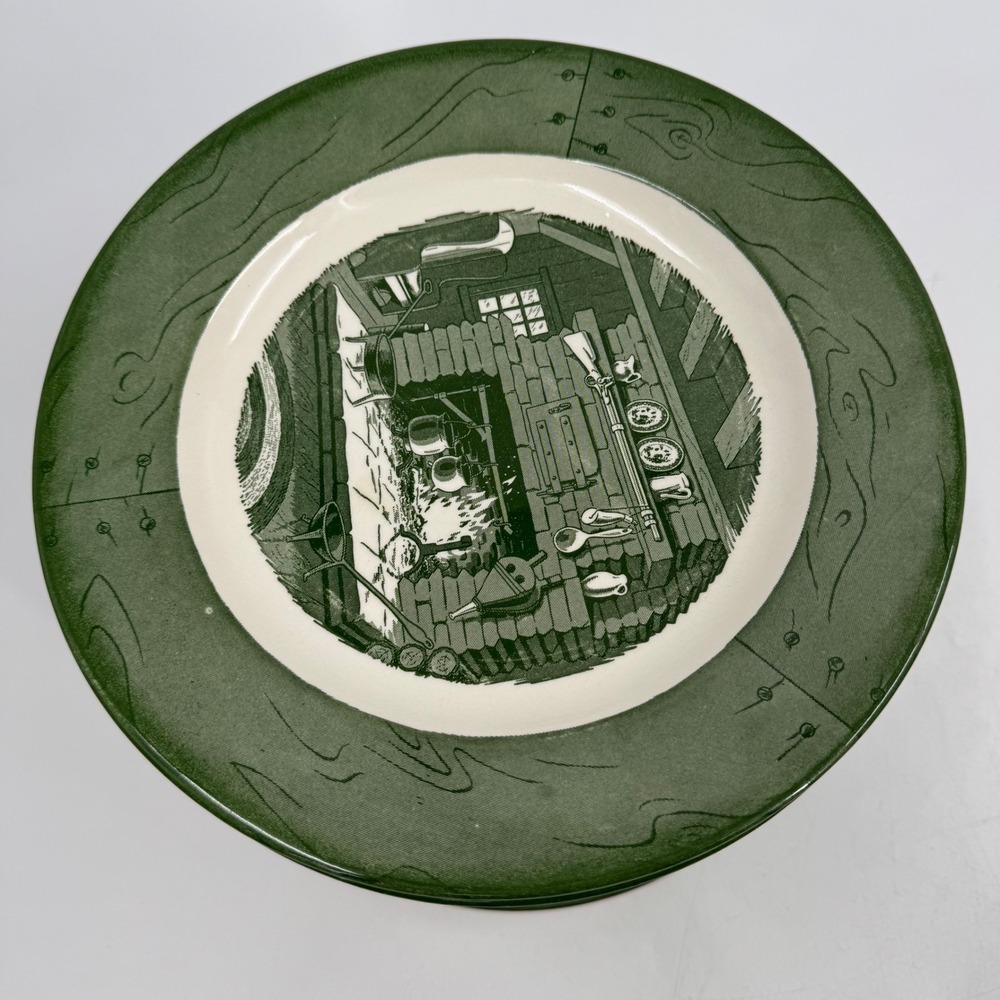 Vintage Royal China Colonial Homestead  Dinner‎ Plates Green Cabin Scene
